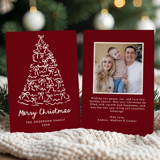 Whimsical Christmas Tree Bows Cranberry Photo Holiday Card (Creator Uploaded)
