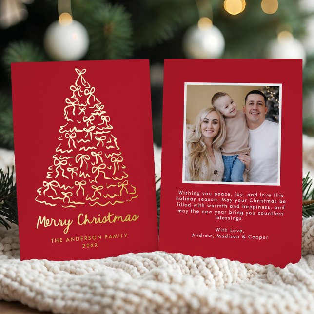 Whimsical Christmas Tree Bows Red Photo Foil Holiday Card (Creator Uploaded)