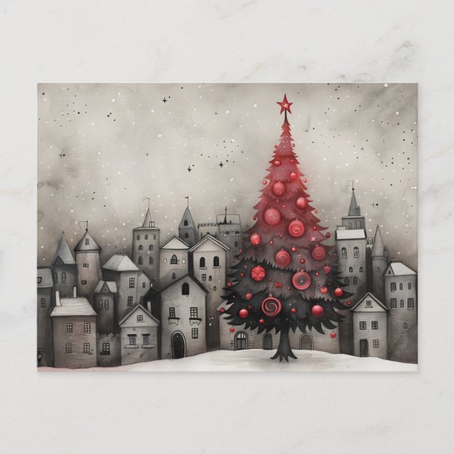 Whimsical Christmas Tree Card Red Black (Front)