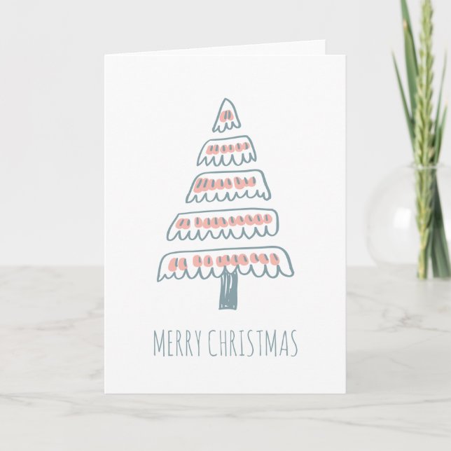 Whimsical Christmas Tree Drawing Blush and Teal Holiday Card (Front)