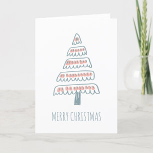 Whimsical Christmas Tree Drawing Blush and Teal Holiday Card