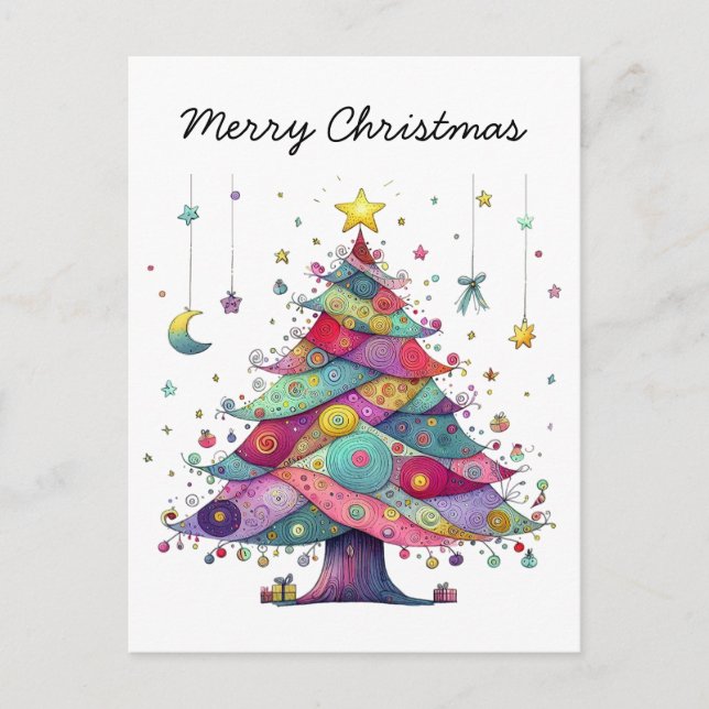 Whimsical Christmas Tree, Folk Art Style Holiday Postcard (Front)