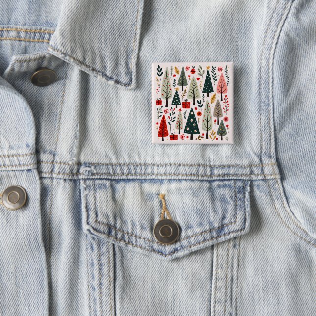 Whimsical Christmas Tree Forest 2 Inch Square Button (In Situ)