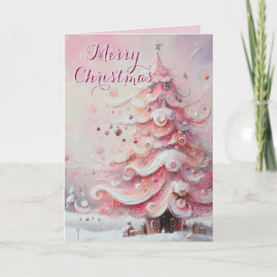 Whimsical Christmas Tree Pink Personalized Holiday Card