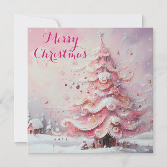 Whimsical Christmas Tree Pink Personalized Holiday Card (Front)