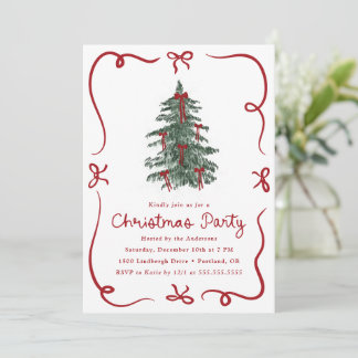 Whimsical Christmas Tree Red Bows Christmas Party Invitation