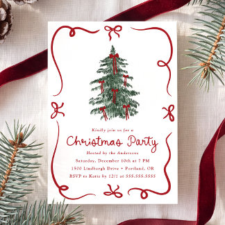 Whimsical Christmas Tree Red Bows Christmas Party Invitation
