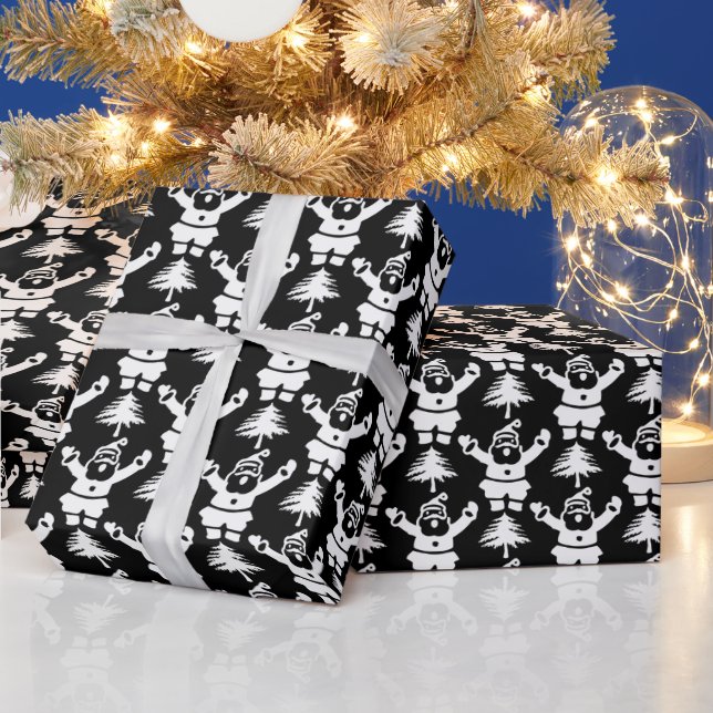 Whimsical Christmas Tree Santa Claus White Black Wrapping Paper (Holidays)