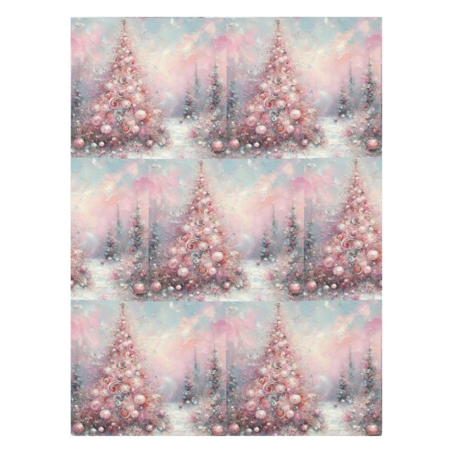 Whimsical Christmas Tree Seasonal Pink White Tablecloth (Front)