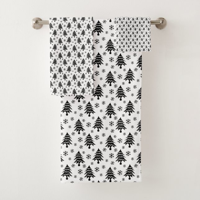 Whimsical Christmas Tree Snowflake Black White Bath Towel Set (Insitu)
