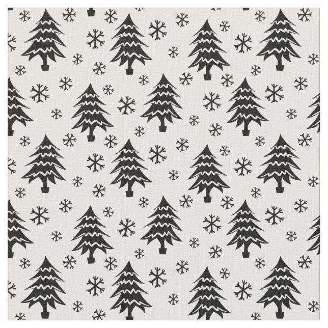 Whimsical Christmas Tree Snowflake Black White Fabric (Close Up)