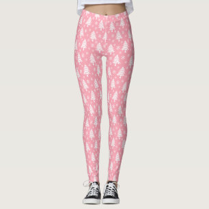 Whimsical Christmas Tree Snowflake Pink White Leggings