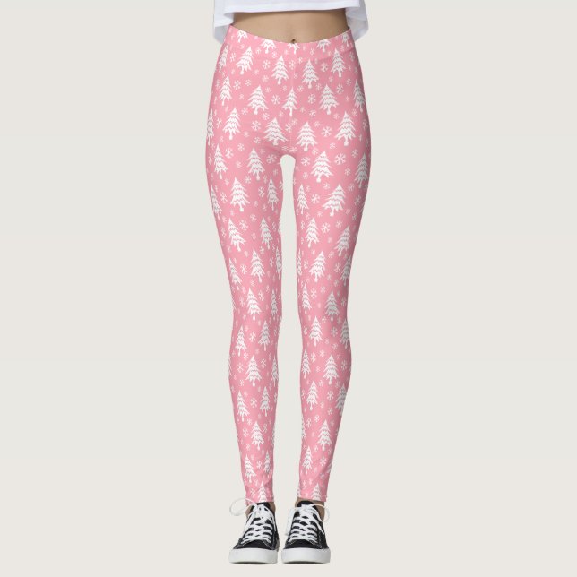 Whimsical Christmas Tree Snowflake Pink White Leggings (Front)
