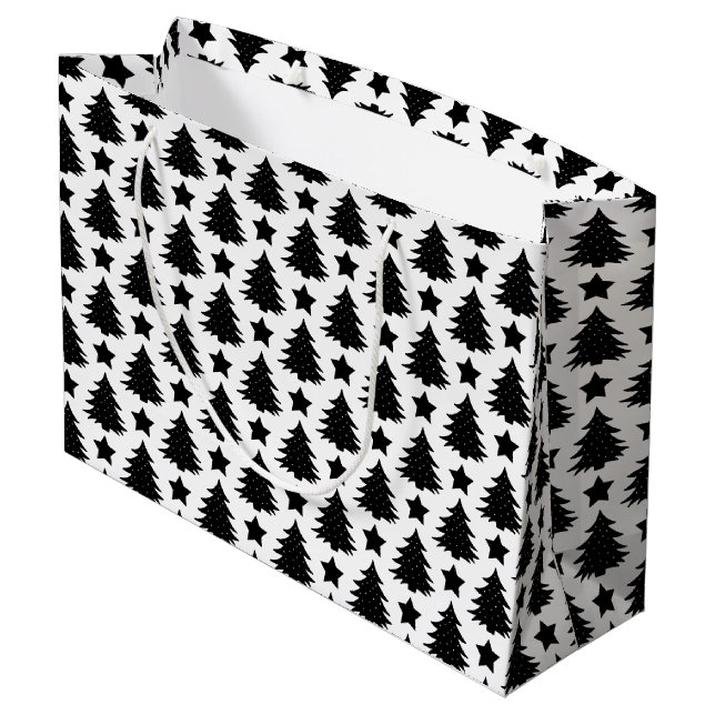 Whimsical Christmas Tree Star Black White  Large Gift Bag (Back Angled)