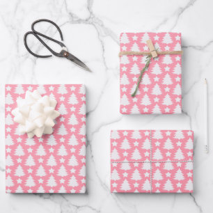 Whimsical Christmas Tree Star Pink White  Wrapping Paper Sheet