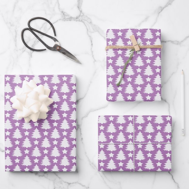 Whimsical Christmas Tree Star Purple White  Wrapping Paper Sheet (Front)