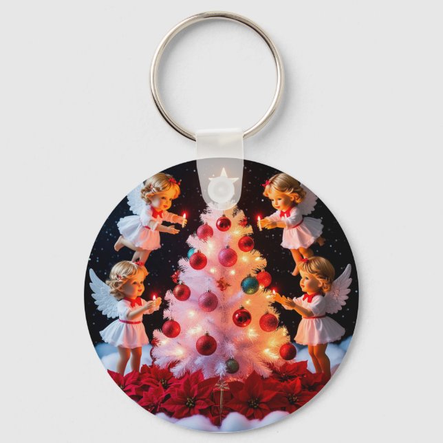 Whimsical Christmas Tree With Angel Figurines Keychain (Front)