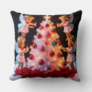 Whimsical Christmas Tree With Angel Figurines Throw Pillow
