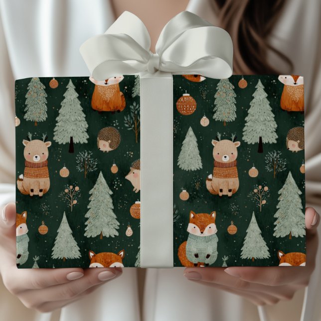Whimsical Christmas Tree with Red Fox Dark Green Wrapping Paper (Creator Uploaded)