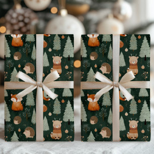 Whimsical Christmas Tree with Red Fox Dark Green Wrapping Paper Sheet