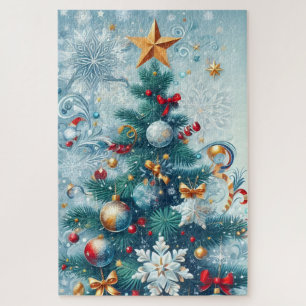 Whimsical Christmas Tree with Snowflakes  Jigsaw Puzzle
