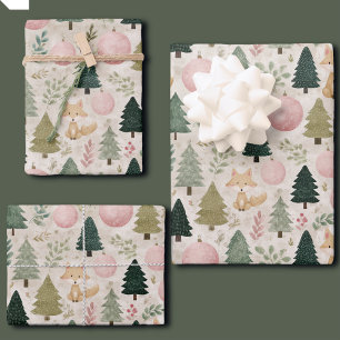 Whimsical Christmas Tree with Winter Fox Pastel Wrapping Paper Sheet