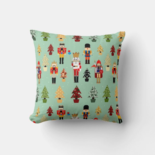 Whimsical Christmas Trees and Nutcrackers Throw Pillow (Front)