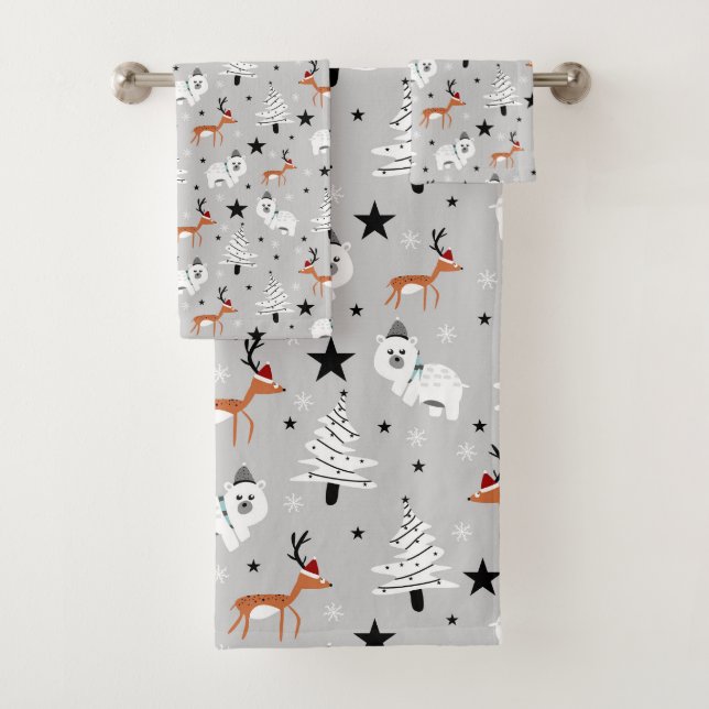 Whimsical Christmas Trees, Bears and Reindeers Bath Towel Set (Insitu)