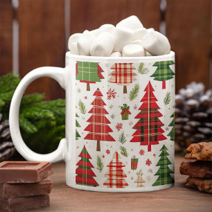 Whimsical Christmas Trees on Plaid Pattern Coffee Mug