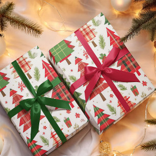 Whimsical Christmas Trees on Plaid Pattern Wrapping Paper