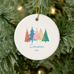 Whimsical Christmas Trees Personalized Name Family Ceramic Ornament