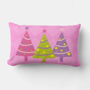 Whimsical Christmas Trees Pink Lumbar Pillow