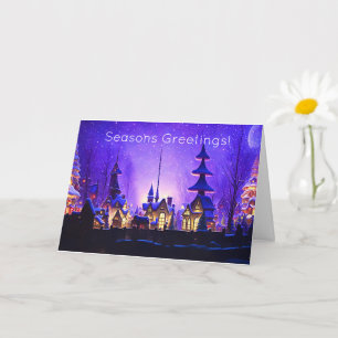 Whimsical Christmas Village in Purple Holiday Card
