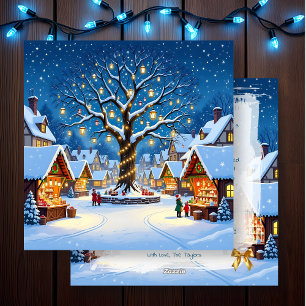 Whimsical Christmas Village on a Winter's Night Holiday Card