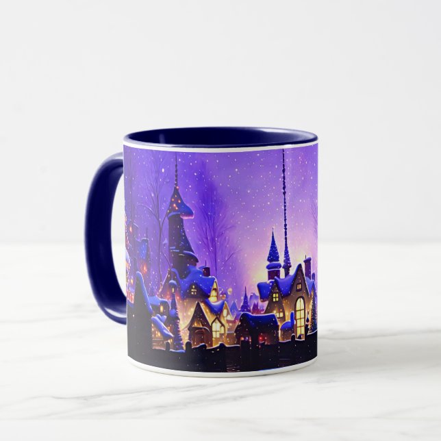 Whimsical Christmas Village Purple Art Mug Cup (Front Left)