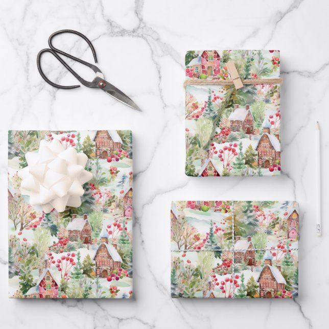 Whimsical Christmas Village Wrapping Paper Sheet (Front)