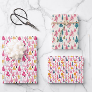 Whimsical Christmas with Colourful Trees Wrapping Paper Sheet