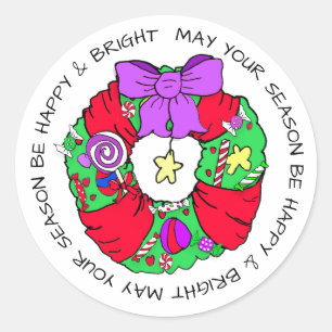 Whimsical Christmas Wreath filled with Candy Classic Round Sticker