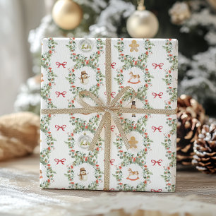 Whimsical Christmas Wreaths and Toys Wrapping Paper