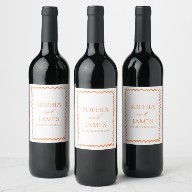 Whimsical Citrus Orange Wavy Border Wedding Wine Label (Bottles)