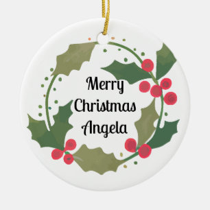 Whimsical Cjhristmas Wreath Personalized Name Ceramic Ornament