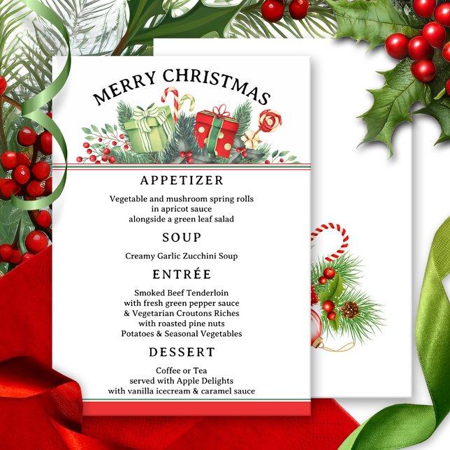 Whimsical Classic Menu Modèle (Christmas menu card featuring a festive classic design in red and green with pine twigs and berries)