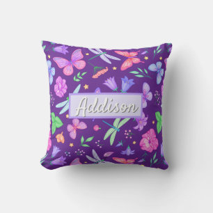 Whimsical Classic Purple Butterfly Dragonfly Throw Pillow