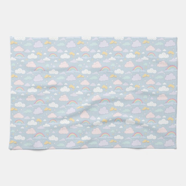 Whimsical Clouds and Rainbows Kitchen Towel (Horizontal)