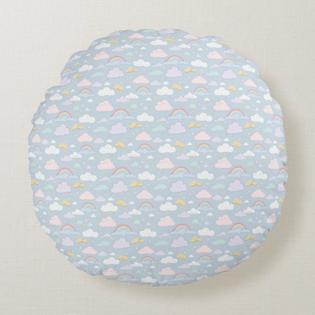 Whimsical Clouds and Rainbows Round Pillow (Front)