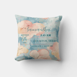 Whimsical Clouds Baby Girl Custom Birth Stats Throw Pillow