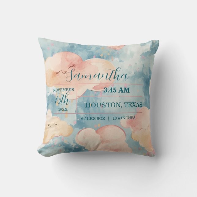 Whimsical Clouds Baby Girl Custom Birth Stats Throw Pillow (Front)
