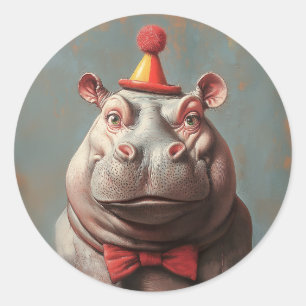 Whimsical Clown Hippo Portrait Classic Round Sticker