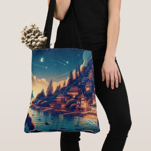 Whimsical Coastal Night Village Shooting Stars Tote Bag