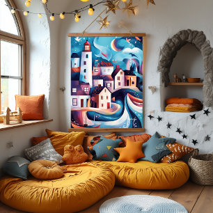 Whimsical Coastal Village Artwork Hanging Tapestry